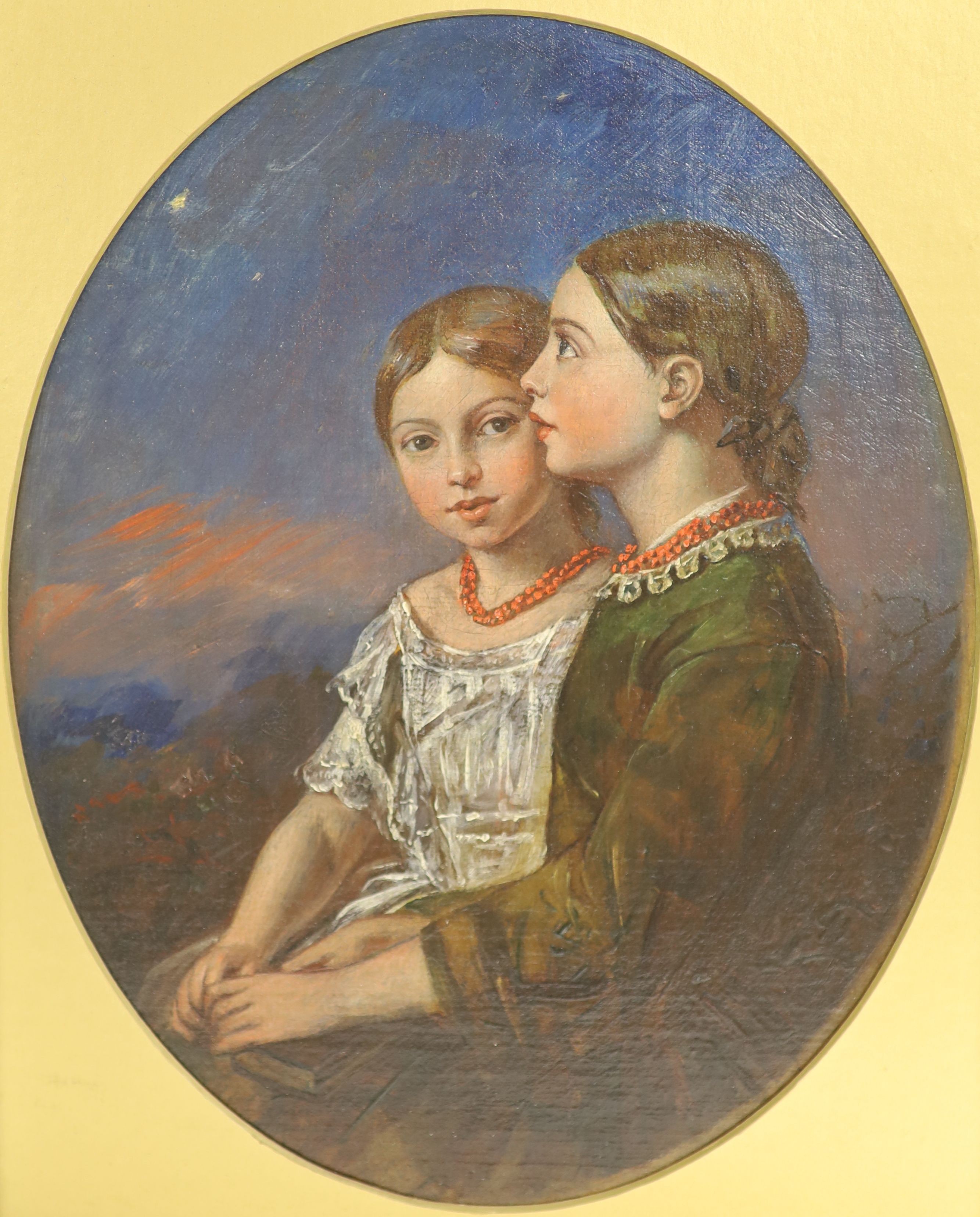 Victorian School, oil on canvas, Portrait of two sisters with night sky beyond, oval, 22 x 18cm